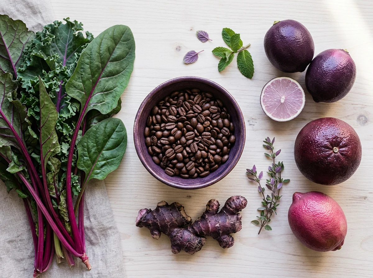 Overhead flatlay of citrus, leafy greens, coffee beans and ginger root on a wooden surface