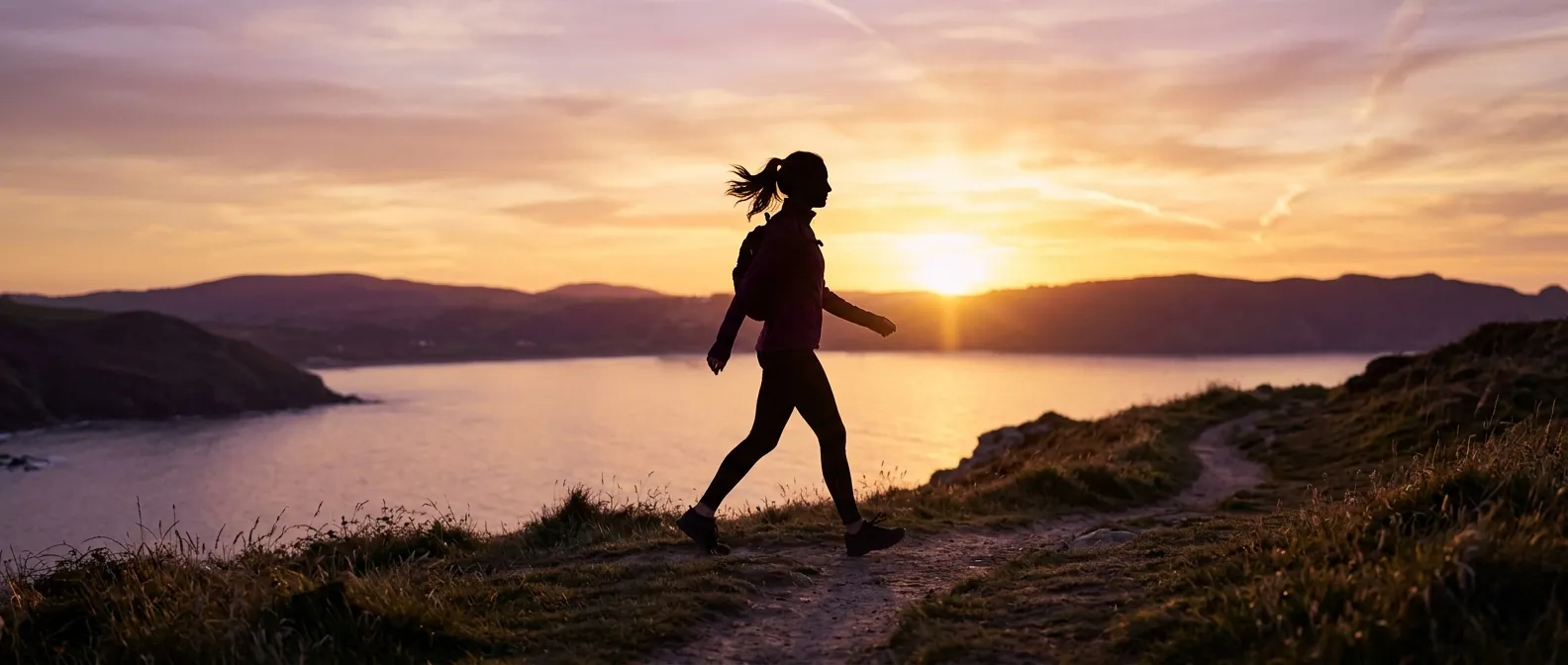 Anonymous silhouette figure walking at sunset, representing an active lifestyle